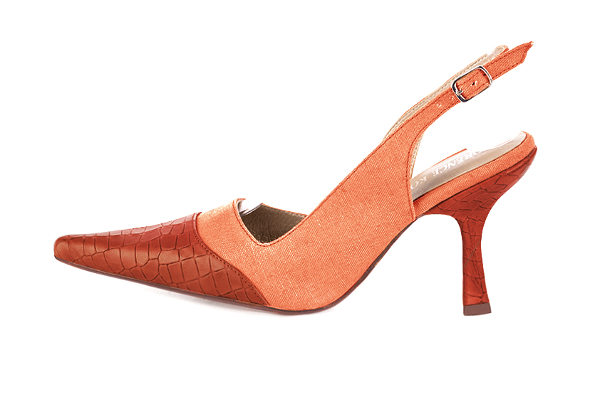 Terracotta orange women's slingback shoes. Pointed toe. High spool heels. Profile view - Florence KOOIJMAN